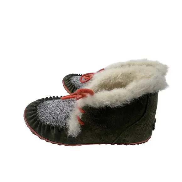 Sorel Out N About Moccasin Slipper Boots Size 8.5 Gray Green Suede Faux Fur - Picture 3 of 7